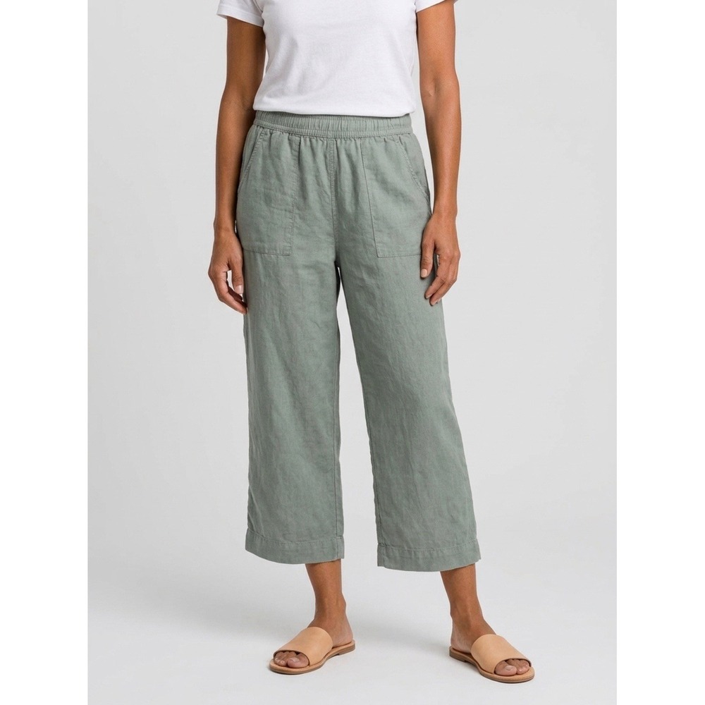 Cynthia Rowley Linen Blend Cropped Wide Leg Pull On Sz L Green Coastal Beach